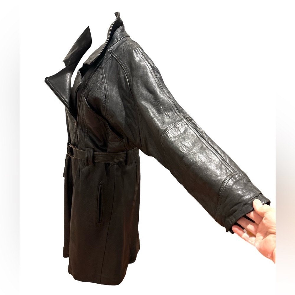 BLACK LEATHER BELTED GRUNGE PUNK GOTH TRENCH COAT FRENCH VERSION FRANCAISE SZ L - Picture 5 of 17